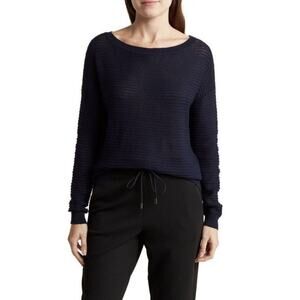 Theory Sweater Womens P XS Navy Blue Ribbed Oversized Cotton Open Knit Crewneck